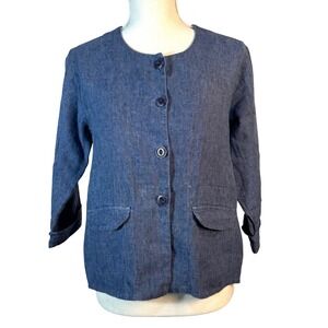 FLAX Womens 100% Linen Petite Button Front Jacket Blue Collarless Lagenlook Coat